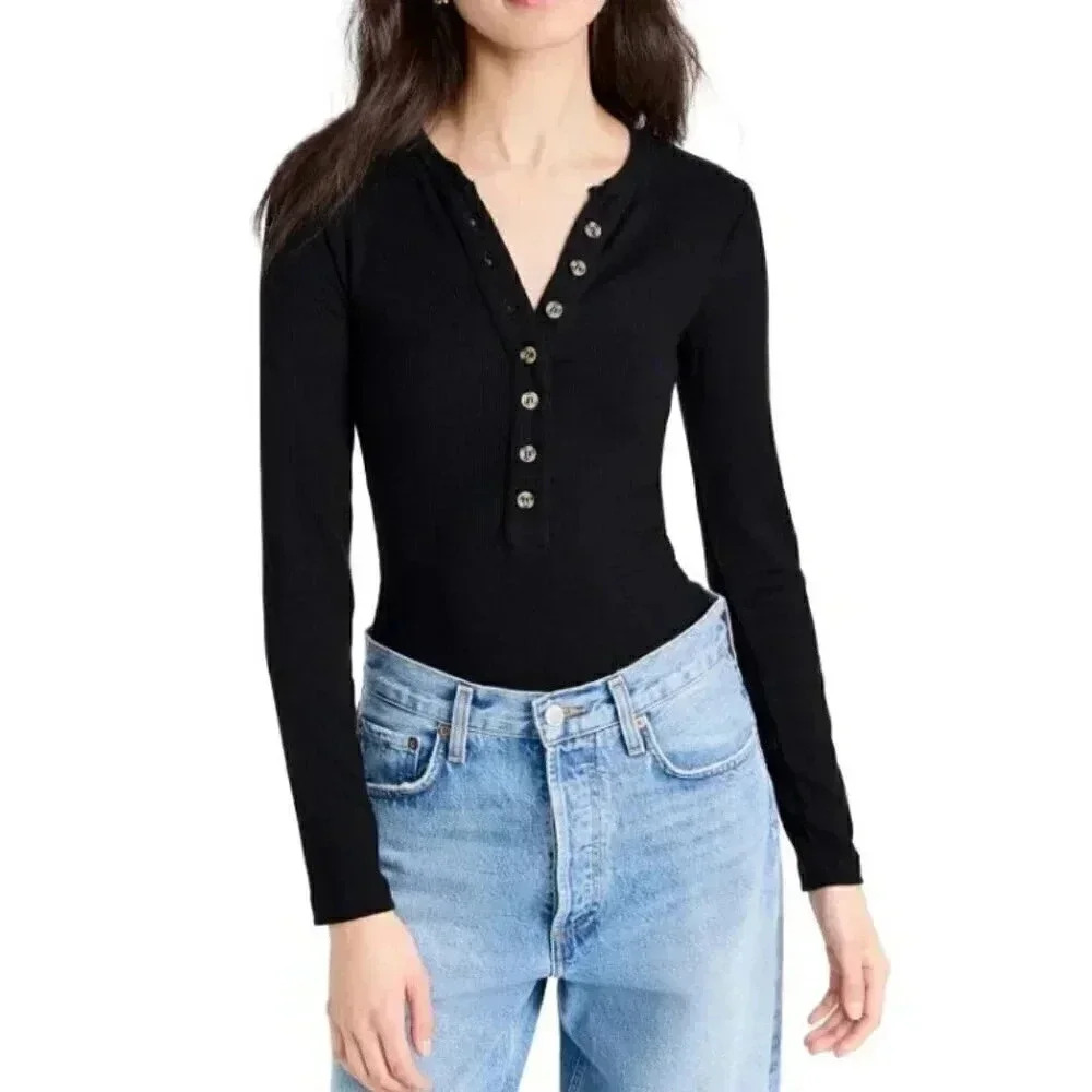 Ambitionist Button Up Ribbed Henley Bodysuit Black L